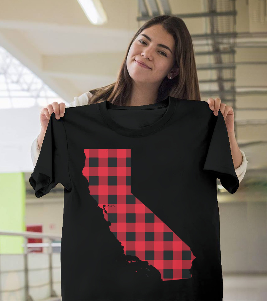 Red and Black Checkered California Silhouette Map T-Shirt