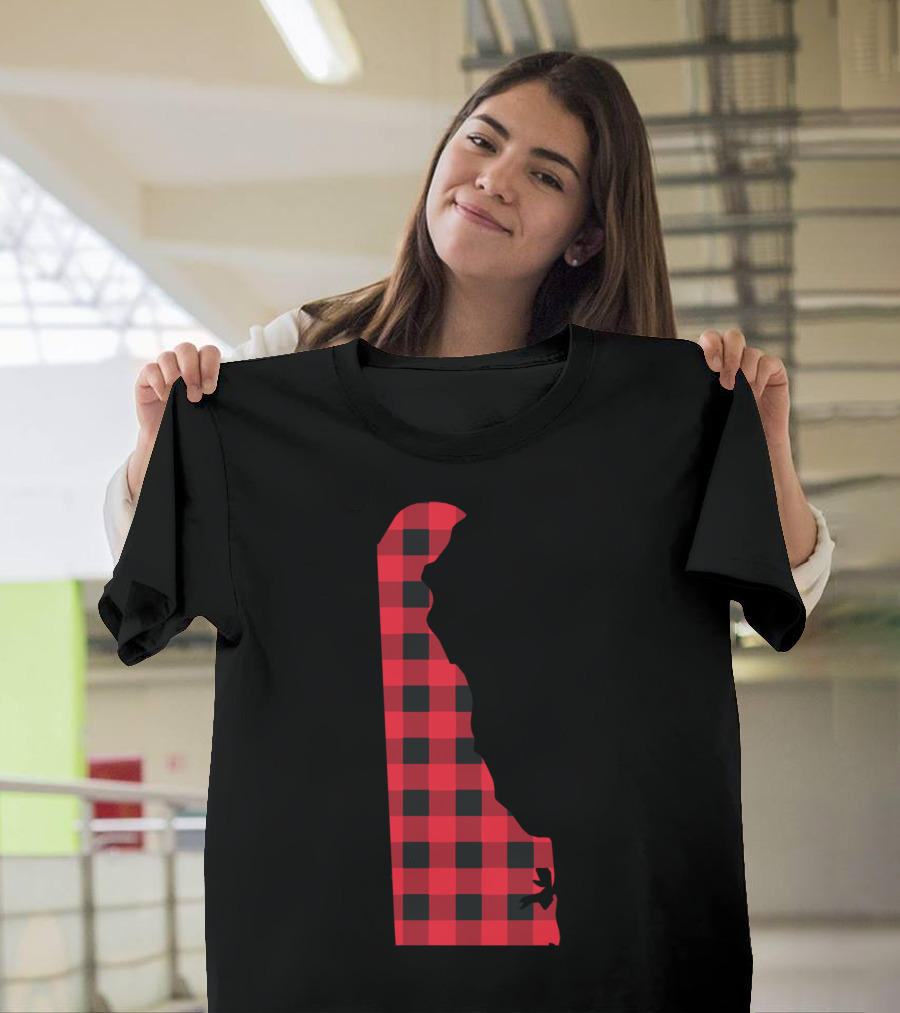 Red and Black Checkered Delaware State Outline T-Shirt