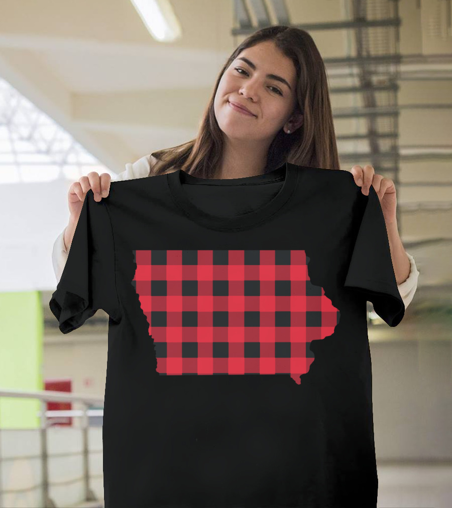 Red And Black Checkered State Map Iowa Plaid T-Shirt