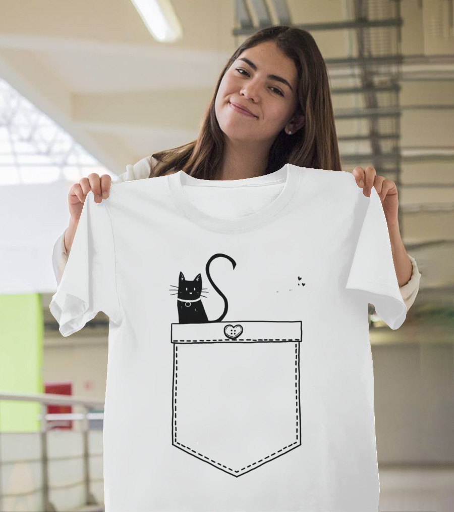 Pocket Lovers Black and White Cats with Heart Tails T-Shirt