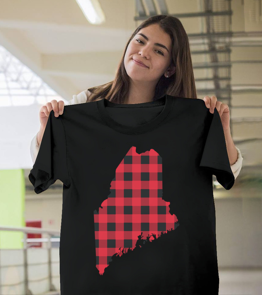 Maine State Silhouette Red and Black Buffalo Checkered T-Shirt