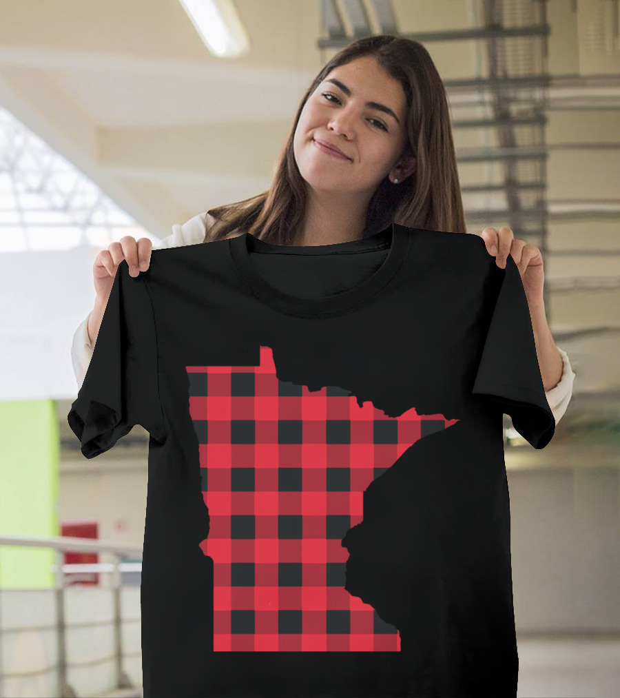 Red And Black Checkered Outline of Minnesota T-Shirt