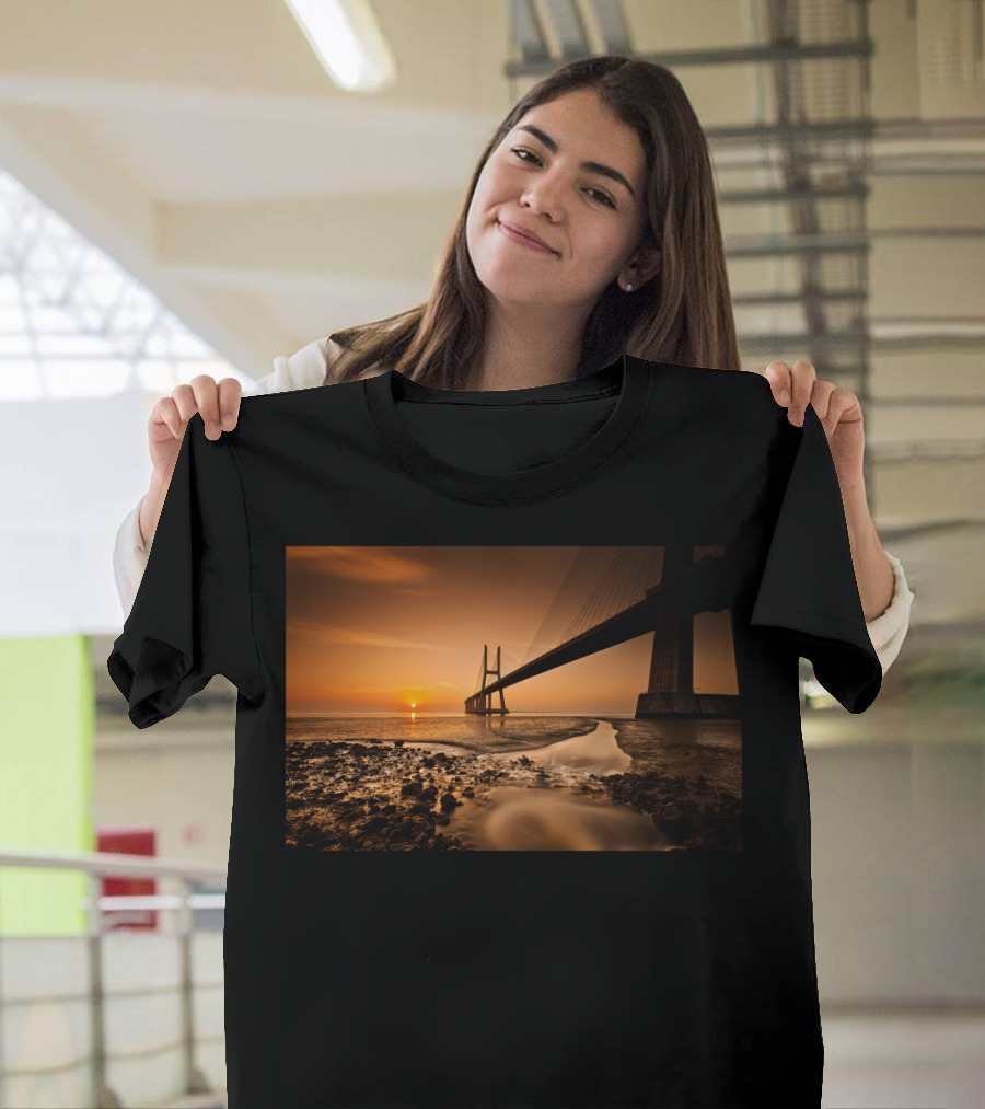 Morning Star Sunrise Over Bridge and Waterway Scene T-Shirt