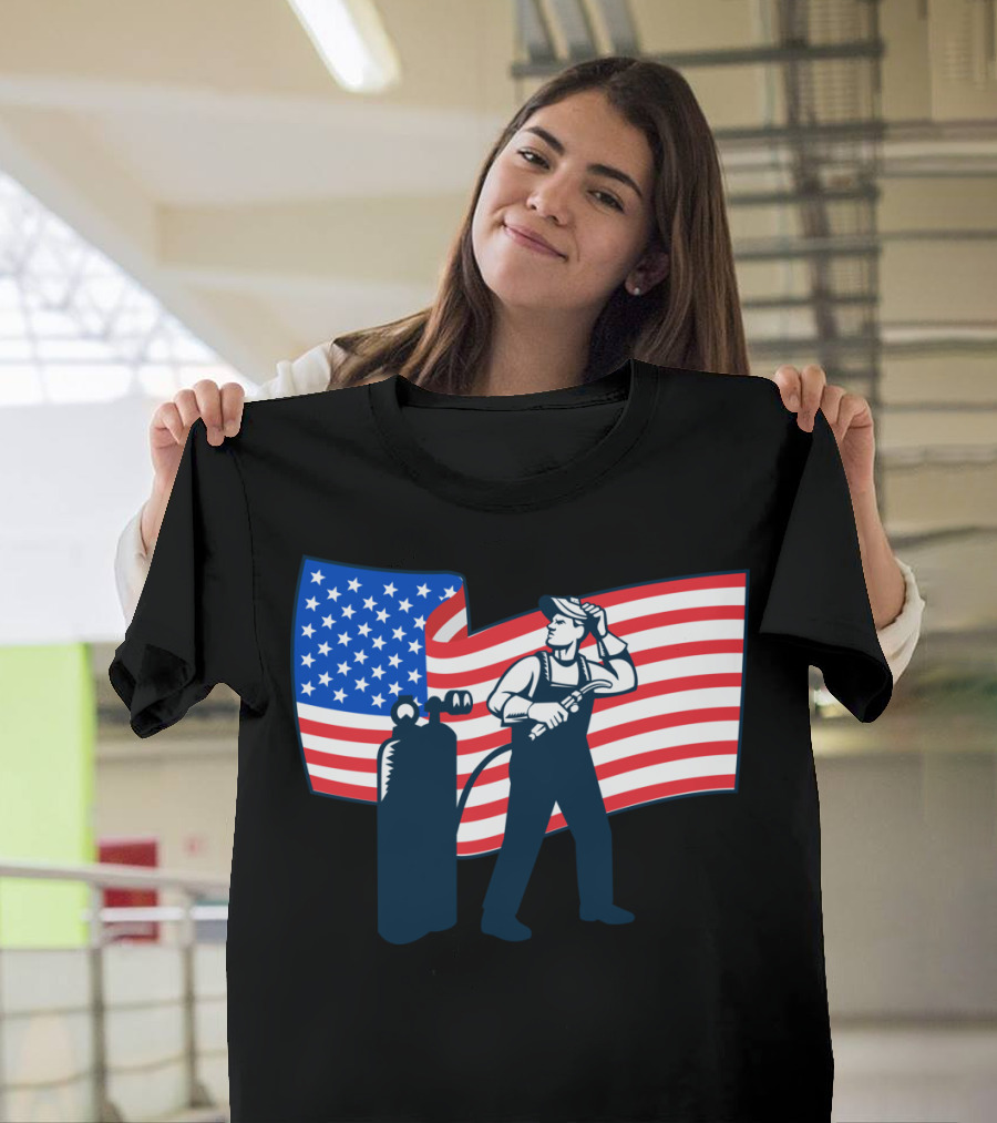Welder Visor Up American Flag Waving USA T-Shirt