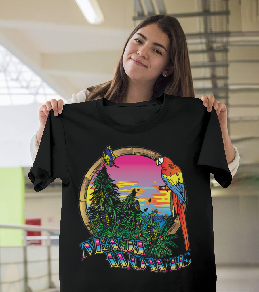 Maui Wowie Tropical Parrot and Sunset Scene T-Shirt