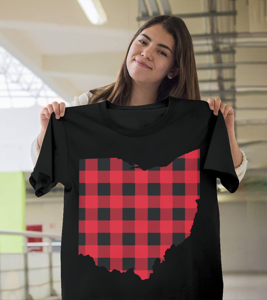Red and Black Checkered Ohio Buffalo Plaid State Shape T-Shirt