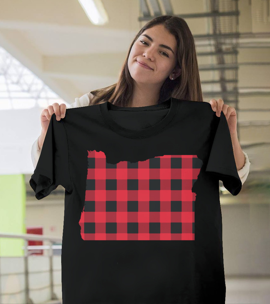 Red And Black Checkered Oregon State Shape T-Shirt