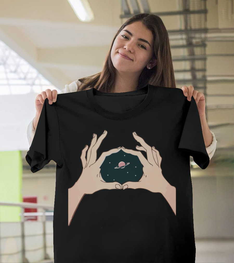 Cosmos Hands Framing Saturn in Space T-Shirt