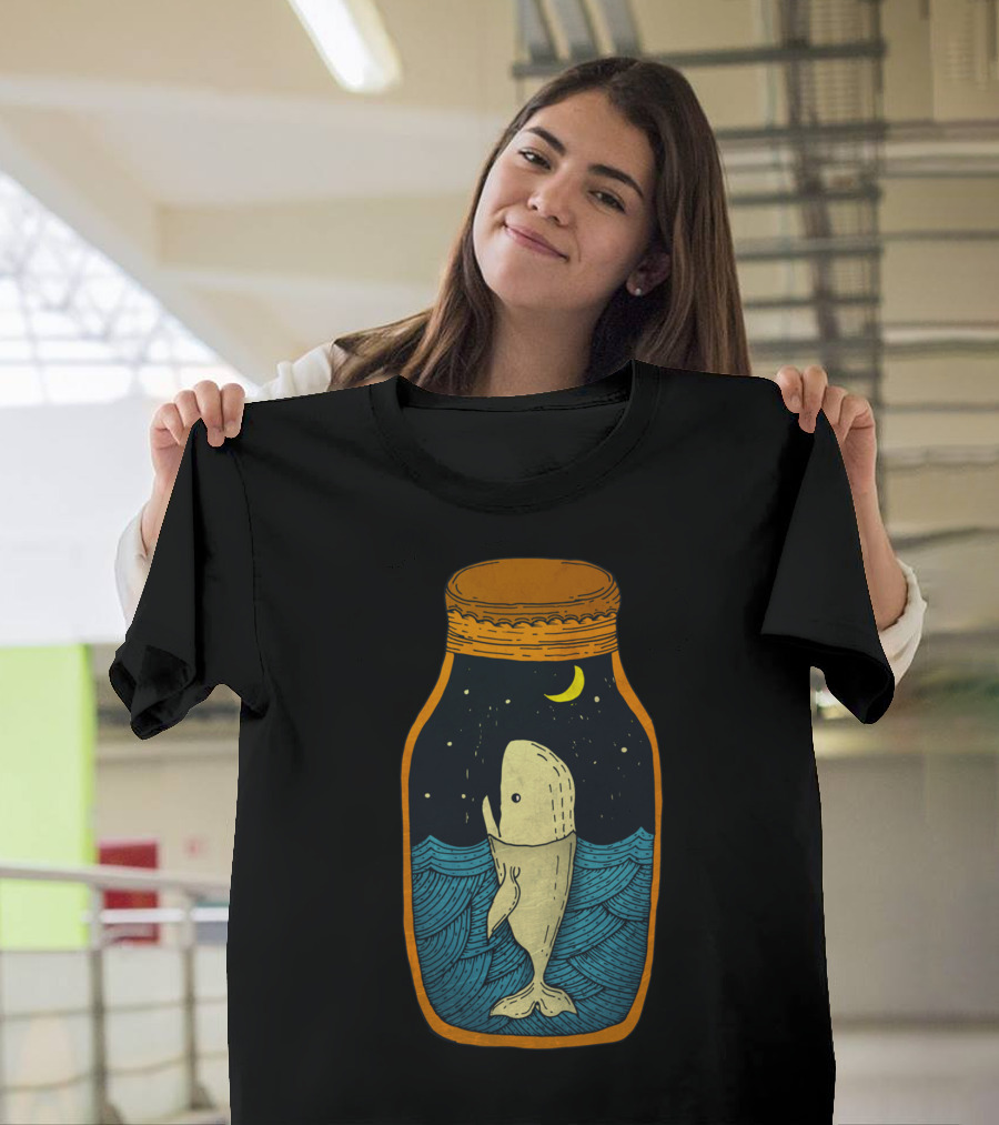 Whale In The Bottle Under Starry Night Sky With Crescent Moon In Ocean Jar T-Shirt