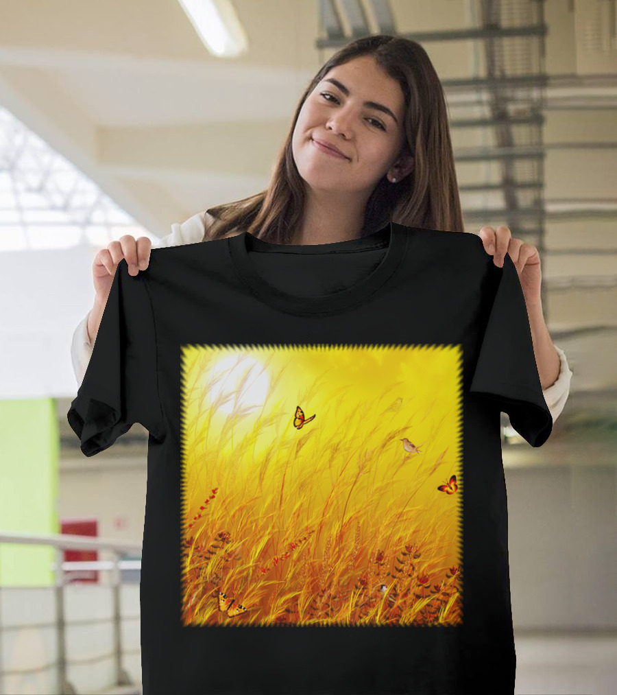 Field Of Grass Dream Butterflies and Sunlit Meadow Scene T-Shirt