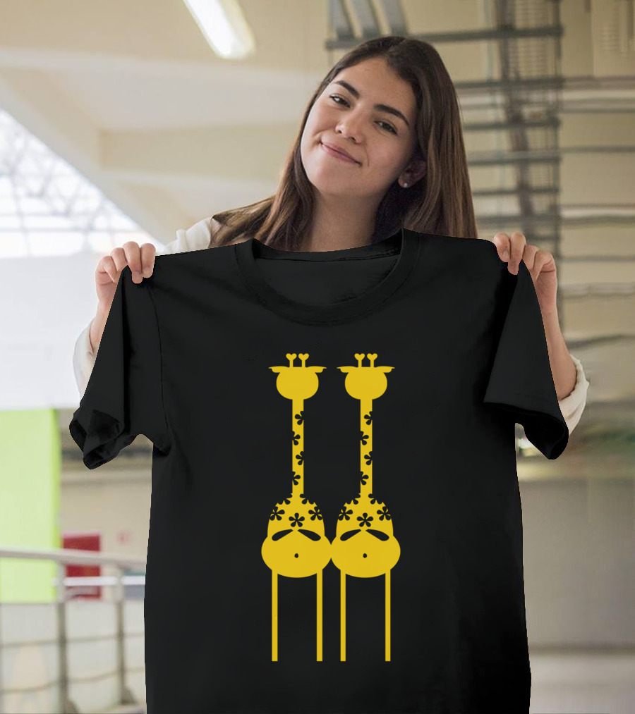 Couple Of Giraffes VDS2 Floral Pattern Black and Yellow Playful T-Shirt
