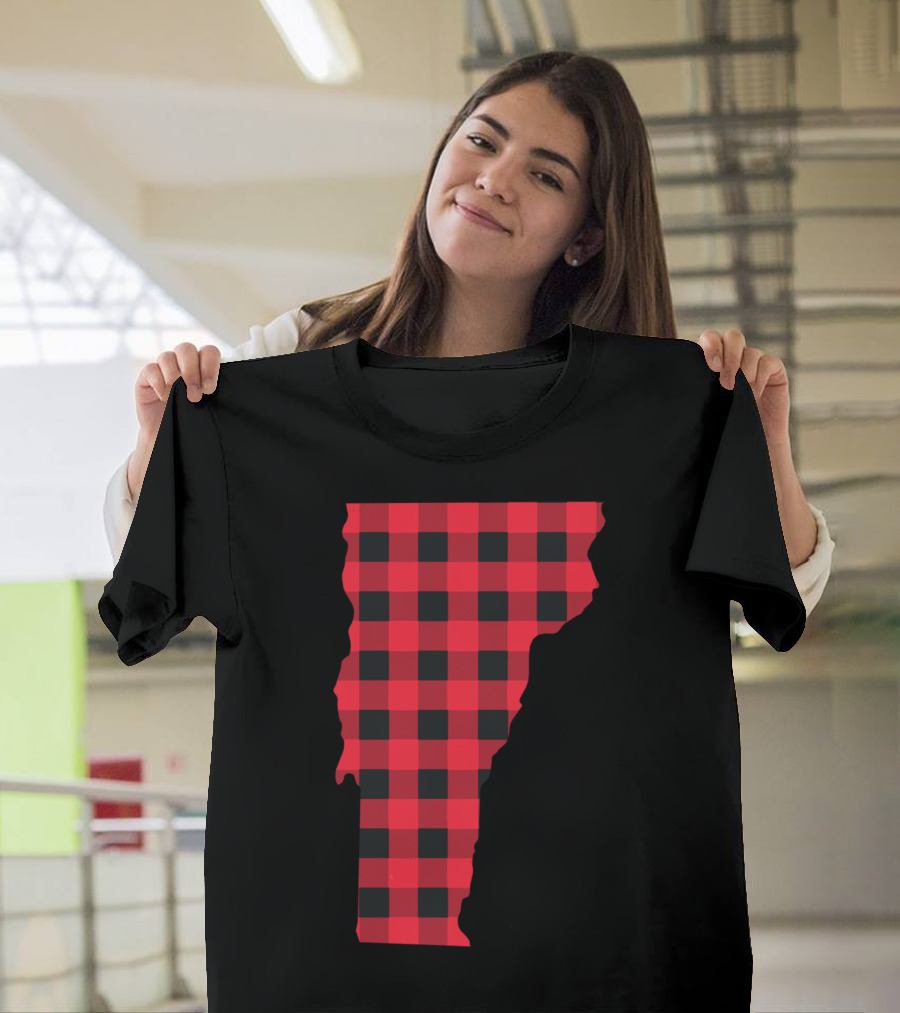 Red and Black Checkered State of Vermont Shape T-Shirt