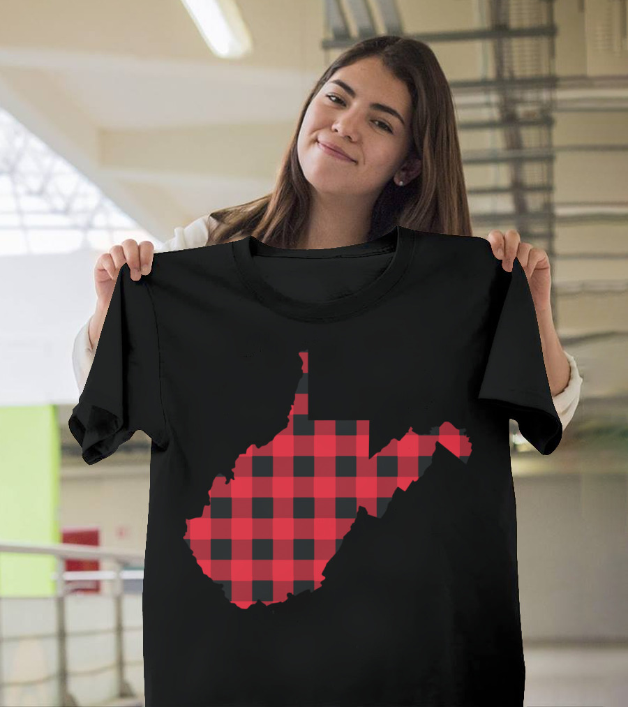Red And Black Checkered West Virginia State Outline T-Shirt