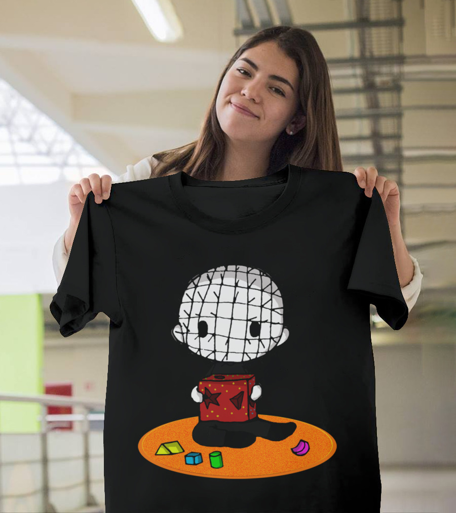 Little Pinhead Holding Puzzle Box with Toys on Orange Mat T-Shirt