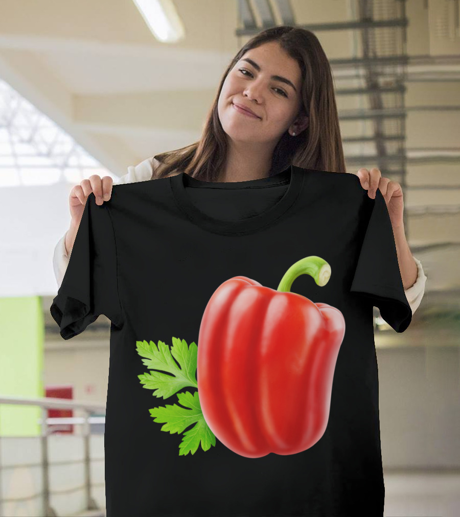 Red Bell Pepper with Green Stem and Leaves T-Shirt