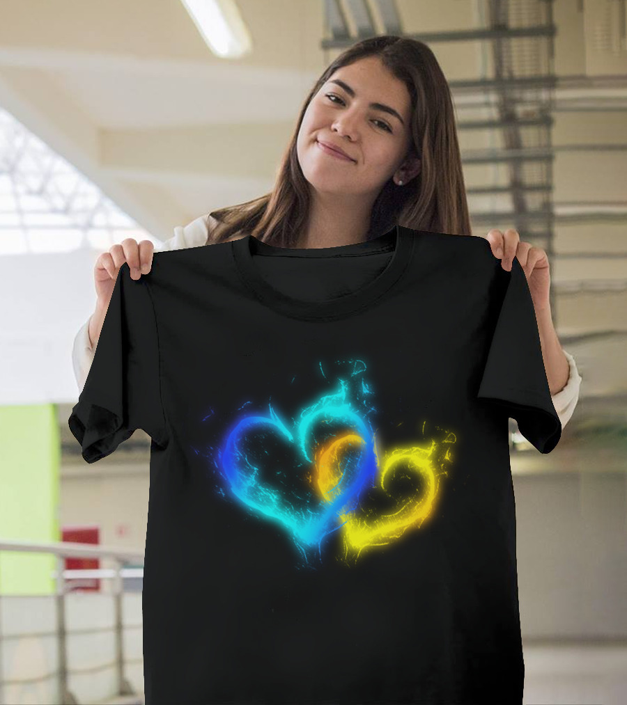 Fire And Ice Hearts Blue Yellow Glowing Flame T-Shirt