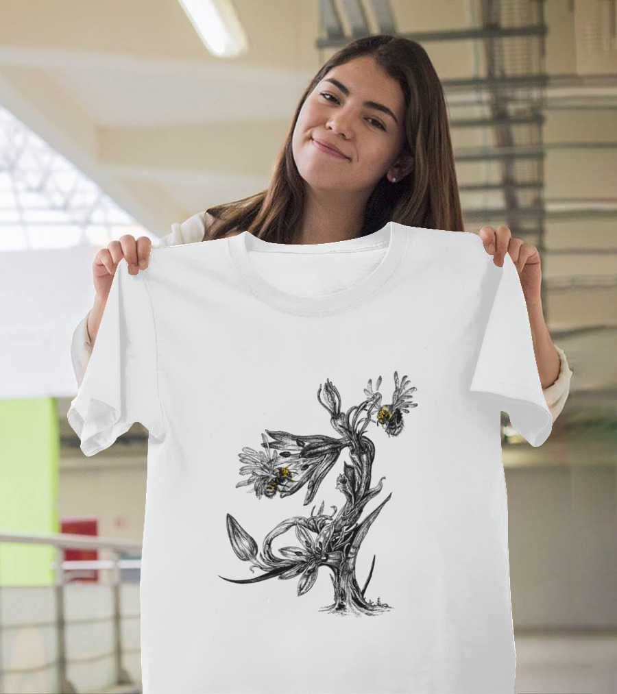Pollinators Dark Floral with Yellow Highlighted Insects T-Shirt