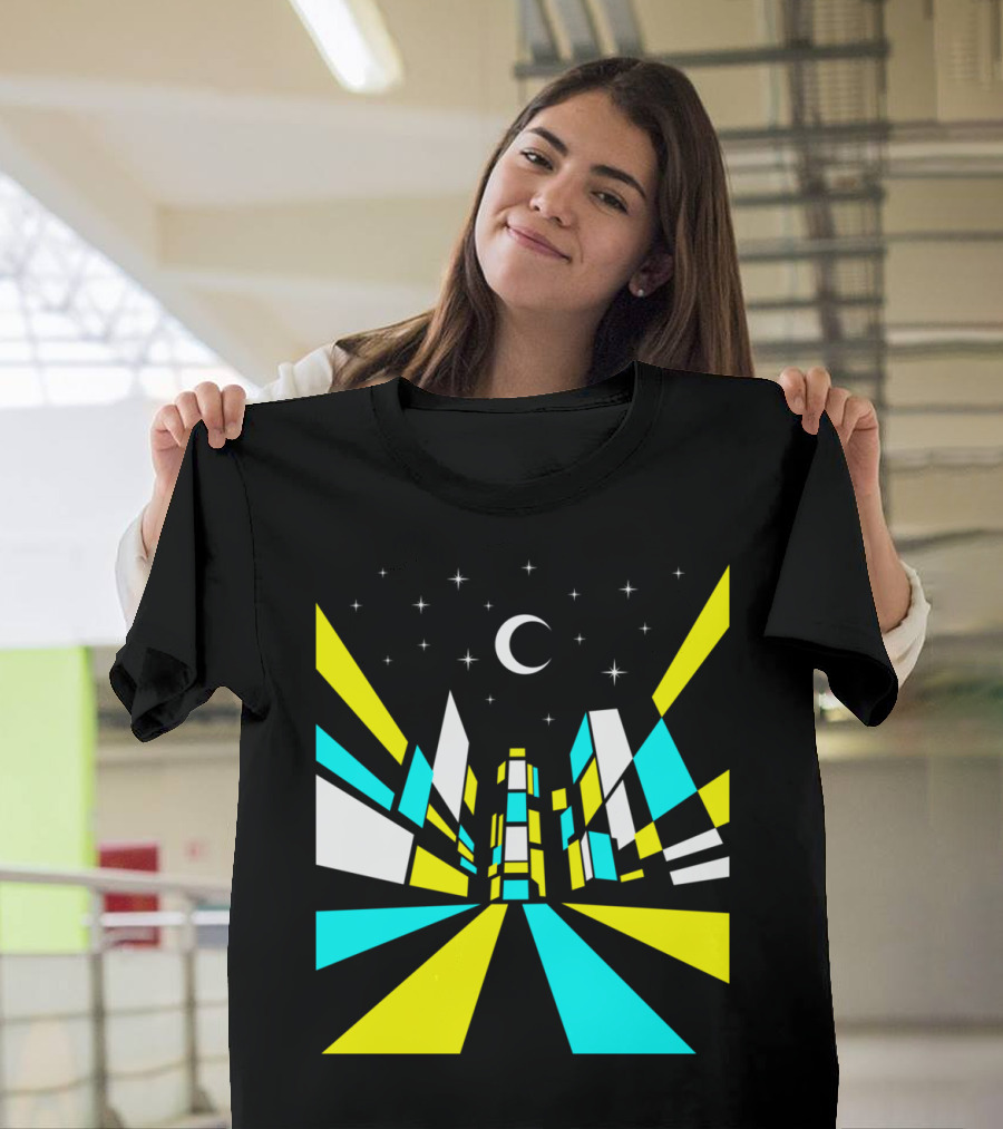 NEW YORK NIGHT CITYSCAPE MOON AND STARS GEOMETRIC SKYLINE T-Shirt