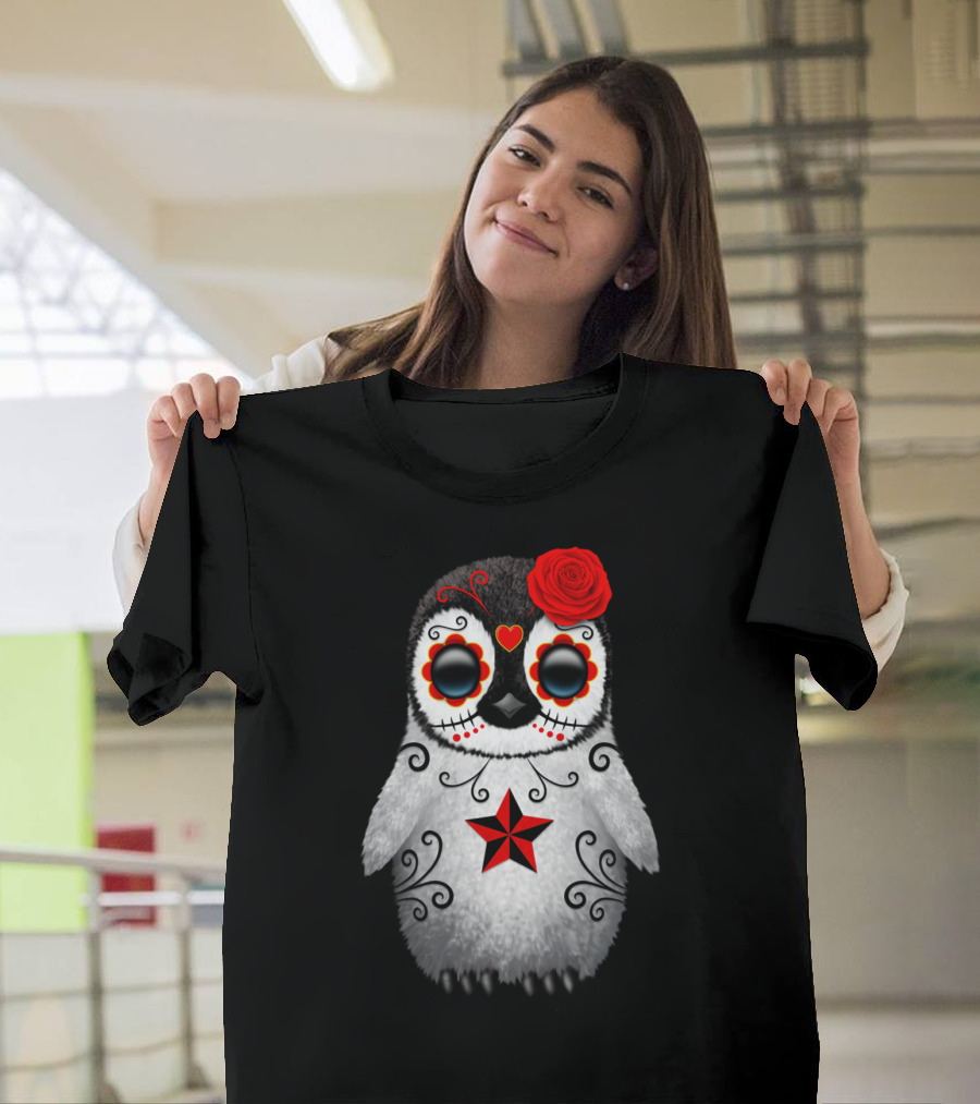Red Day Of The Dead Sugar Skull Penguin with Heart and Rose T-Shirt