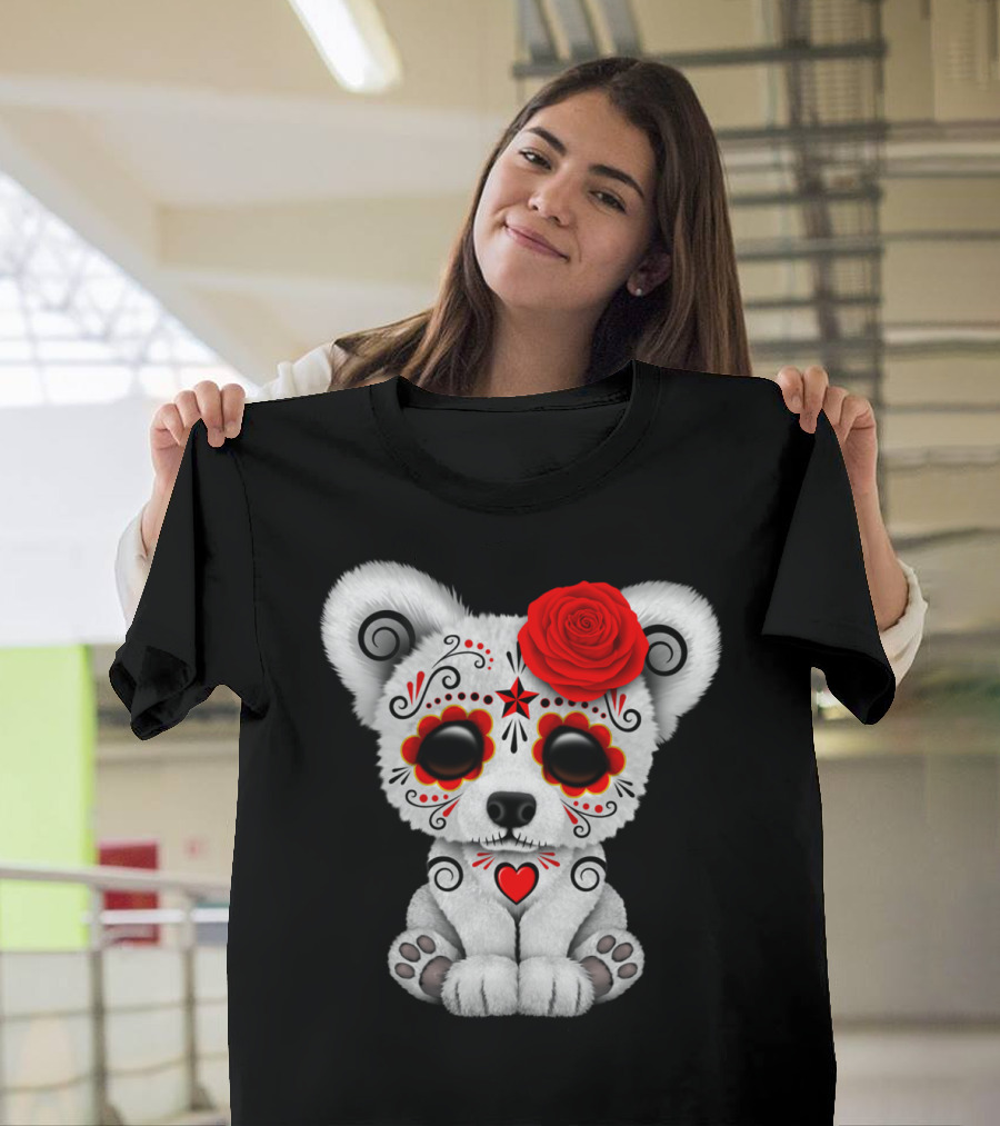 Red Day Of The Dead Sugar Skull Polar Bear with Rose and Heart T-Shirt
