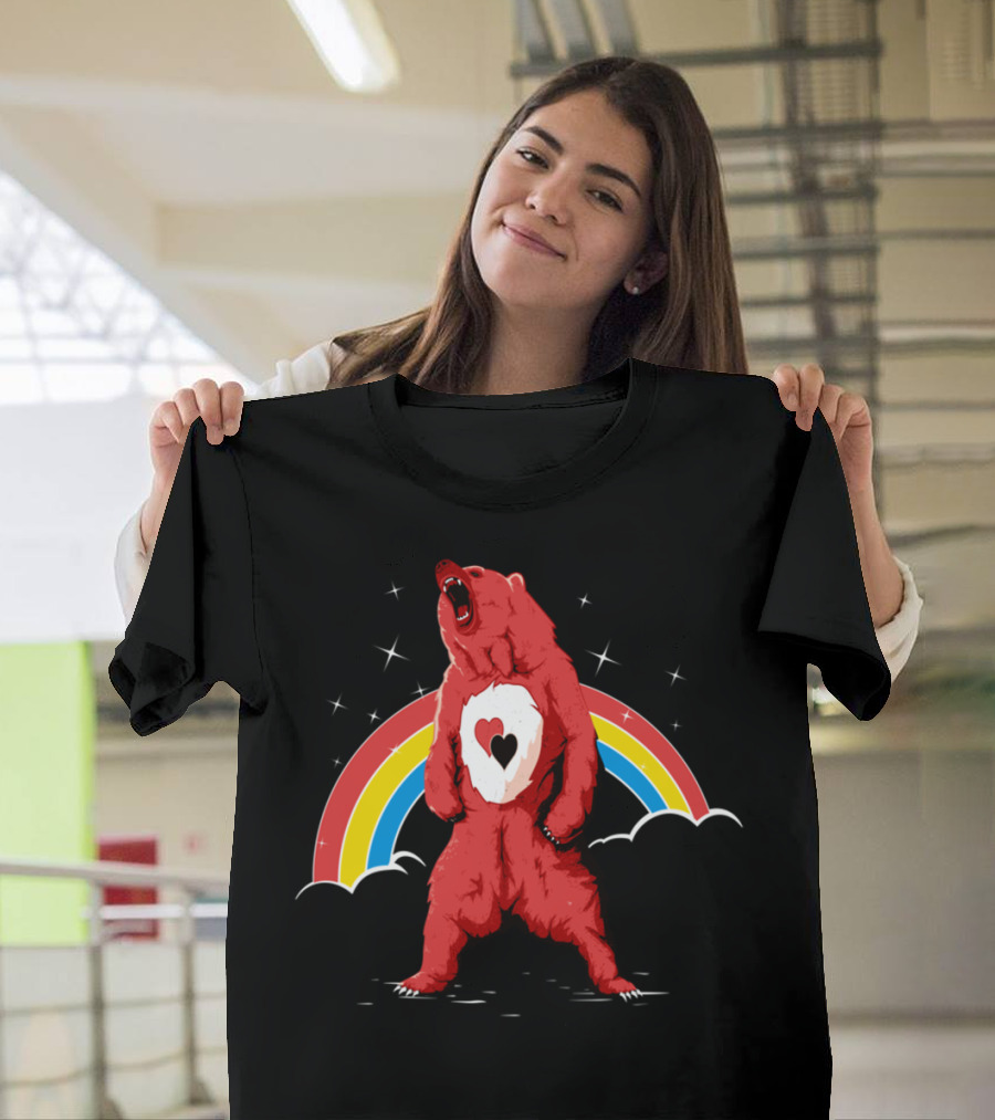 Roaring Red Heart Bear with Rainbow and Stars T-Shirt