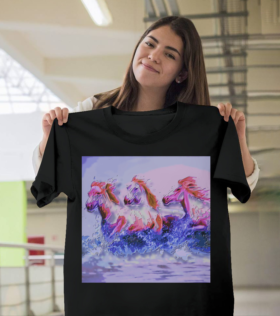 Three Horses Running Through Water Waves T-Shirt