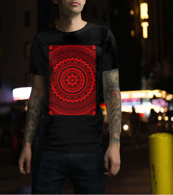 Red Mandala Geometric Floral Circular Symmetry T-Shirt