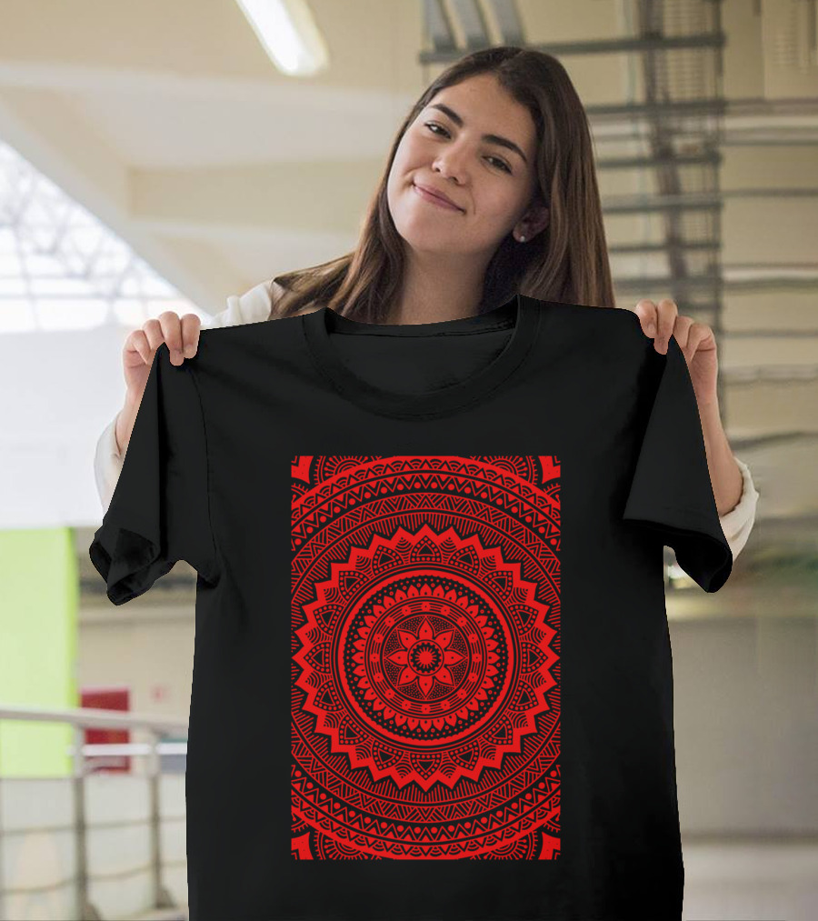 Red Mandala Geometric Floral Circular Symmetry T-Shirt