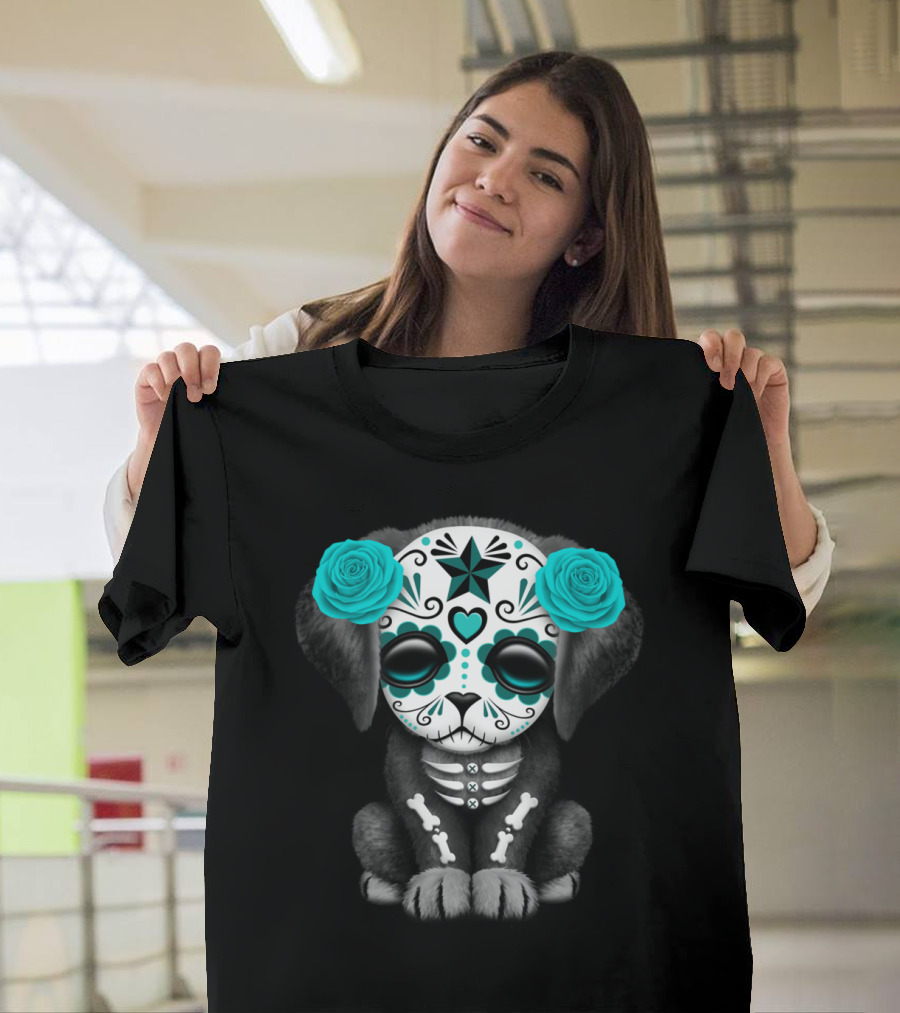 Cute Blue Day Of The Dead Puppy Sugar Skull Dog with Roses T-Shirt