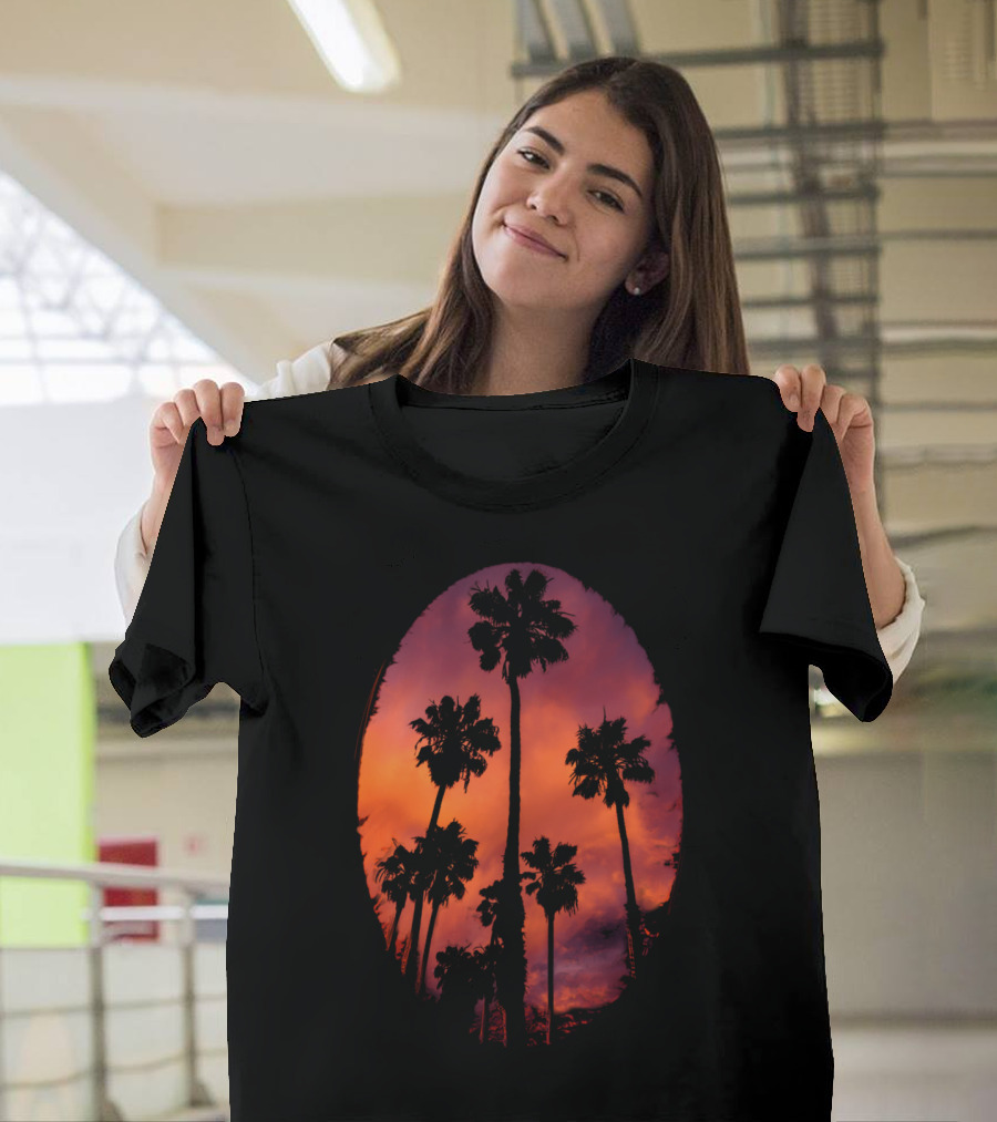 Red Sunset Palm Trees Oval T-Shirt