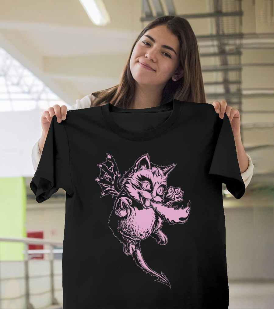 Cute But Deadly Light Cat Dragon Creature with Wings and Flames T-Shirt