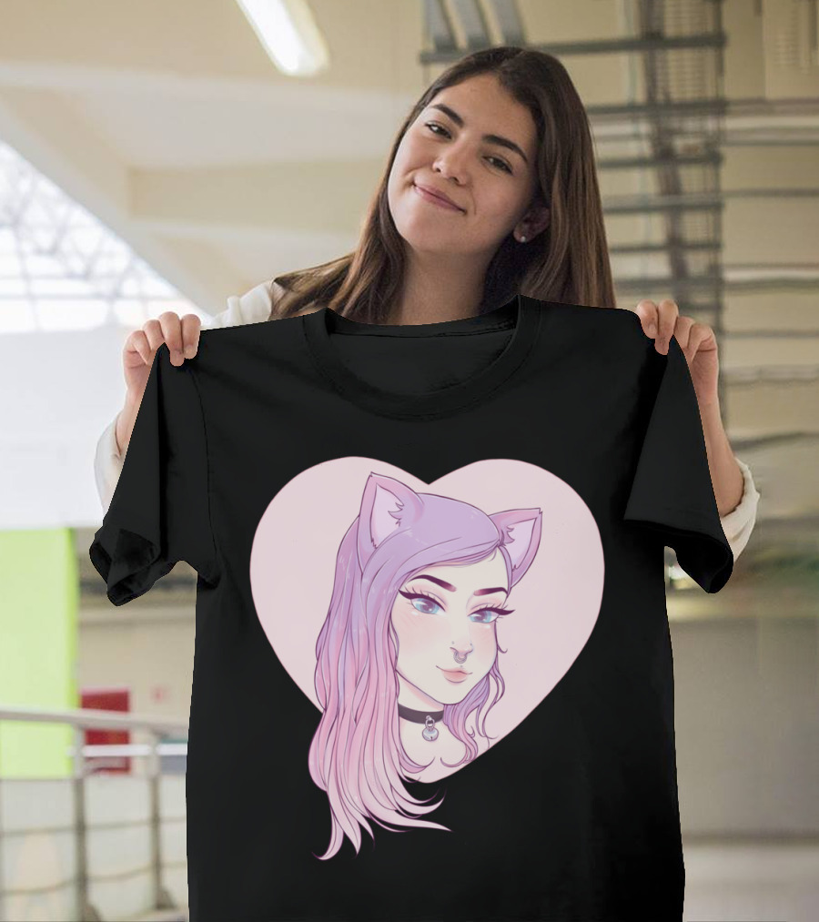 Kitten Love Sticker Stick Heart Pink Hair Cat Ears Choker T-Shirt