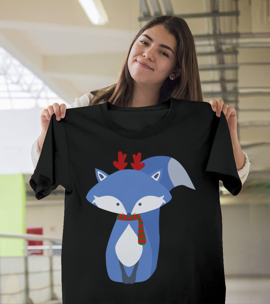Blue Fox with Red Antlers and Striped Scarf Winter Holiday T-Shirt