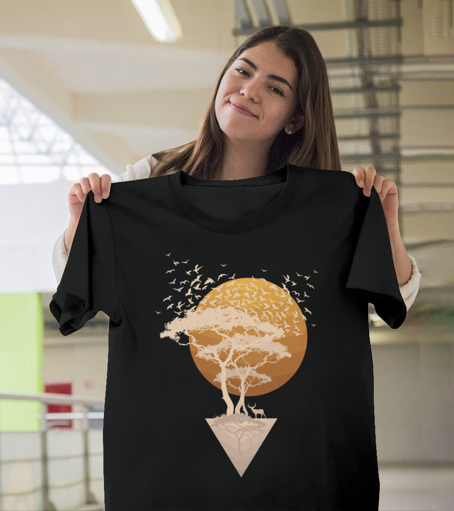 Sunset in Paradise with Tree Silhouette and Birds in Golden Circle T-Shirt