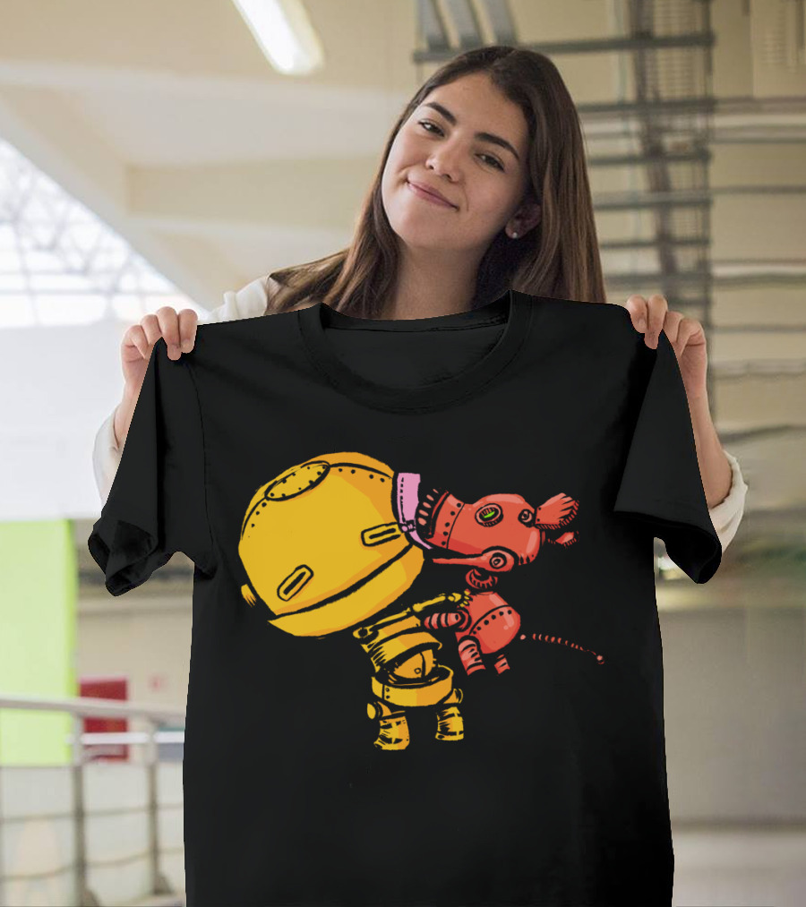 Cute Robot with Playful Puppy Hugging T-Shirt