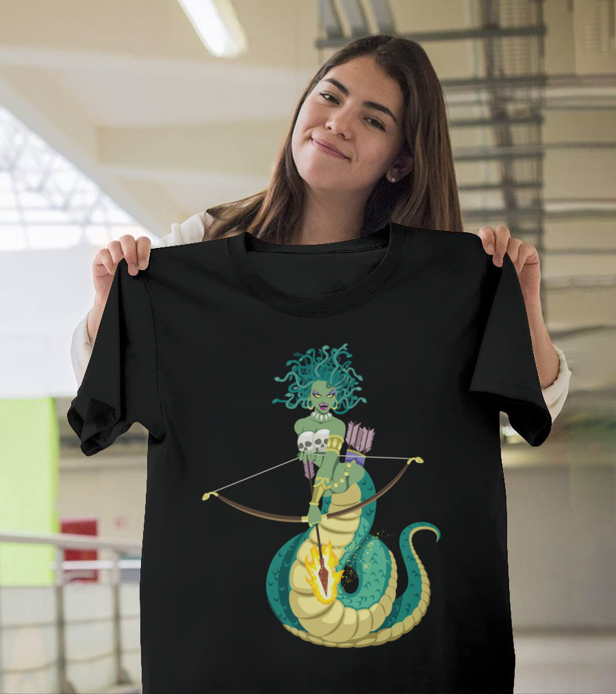 Medusa Mythical Archer with Serpent Tail and Flaming Arrow T-Shirt