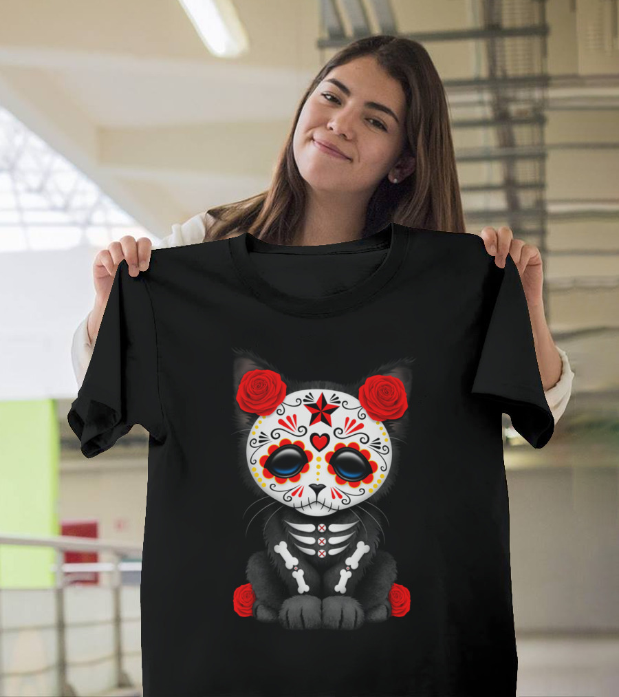 Cute Black and White Day of the Dead Kitten with Red Roses T-Shirt