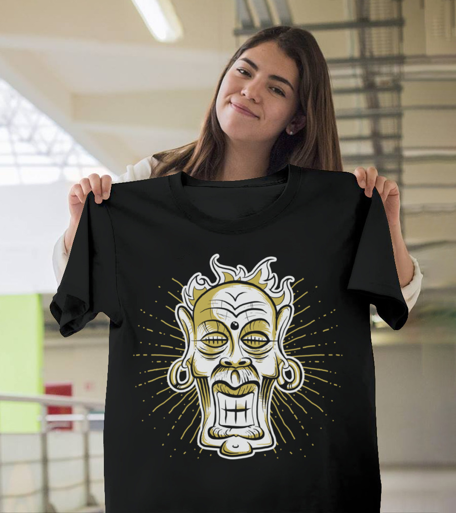 Fire God Tribal Mask Design with Flames and Radiating Lines T-Shirt