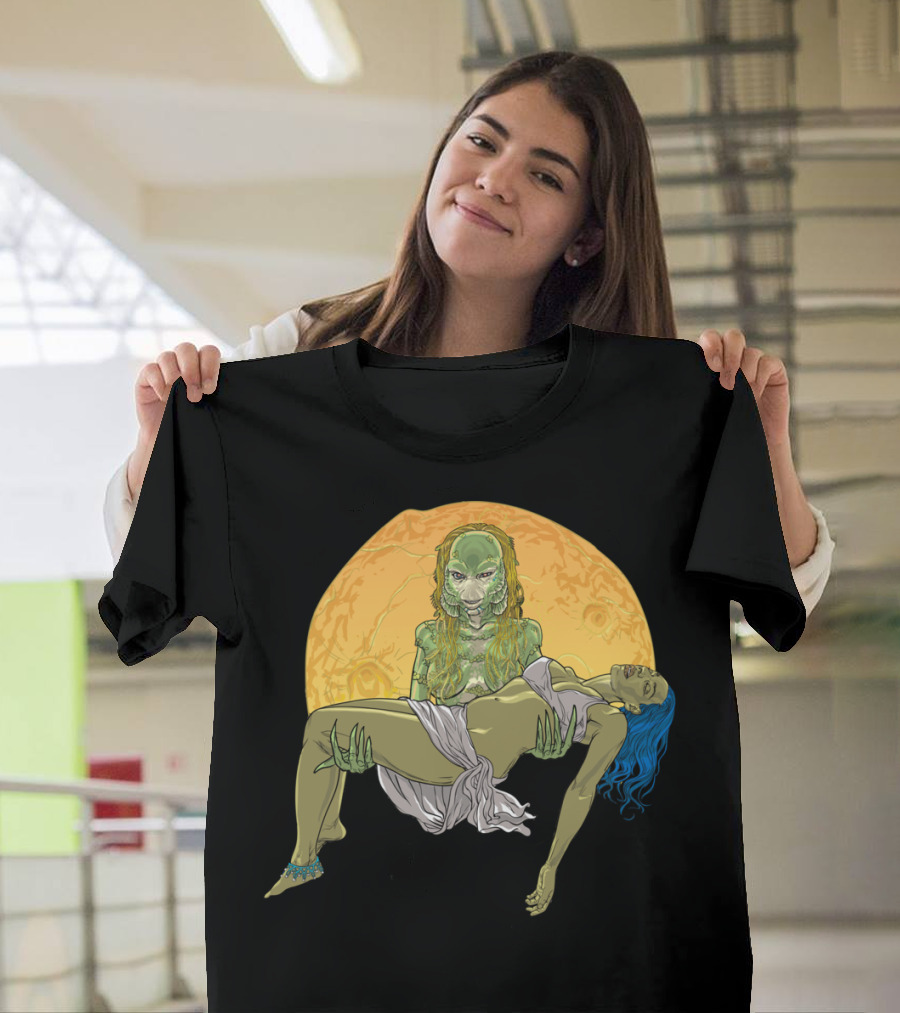 She Creature From The Black Lagoon Monster Carrying Woman Against Sunset Moon T-Shirt