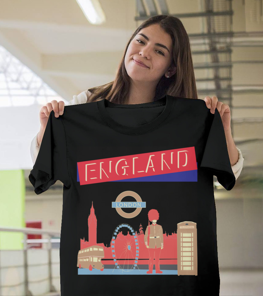 ENGLAND LONDON Big Ben Ferris Wheel Guard Bus Telephone Box Circle T-Shirt