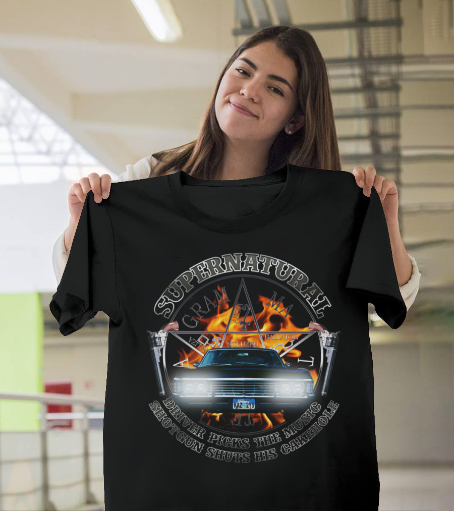 Supernatural Driver Picks The Music Shotgun Shuts His Cakehole Car Flamespentagram T-Shirt