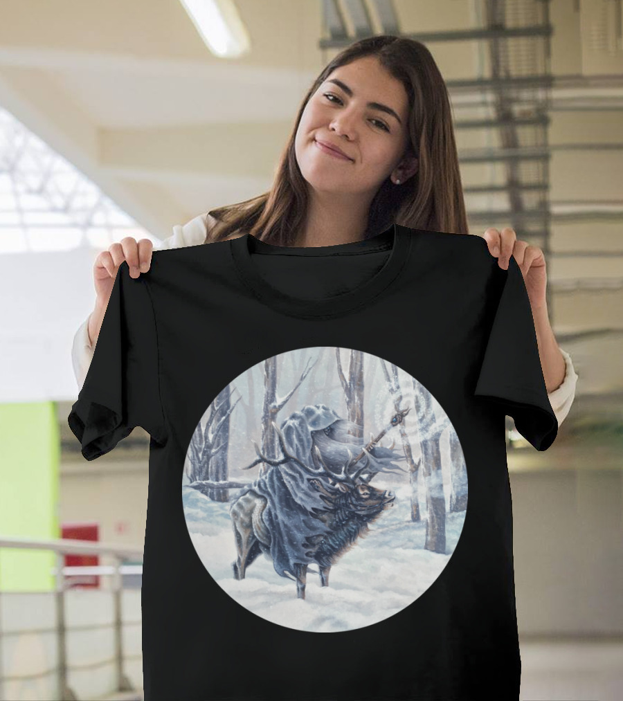 Winter Wizard Riding Enchanted Stag in Snowy Forest T-Shirt