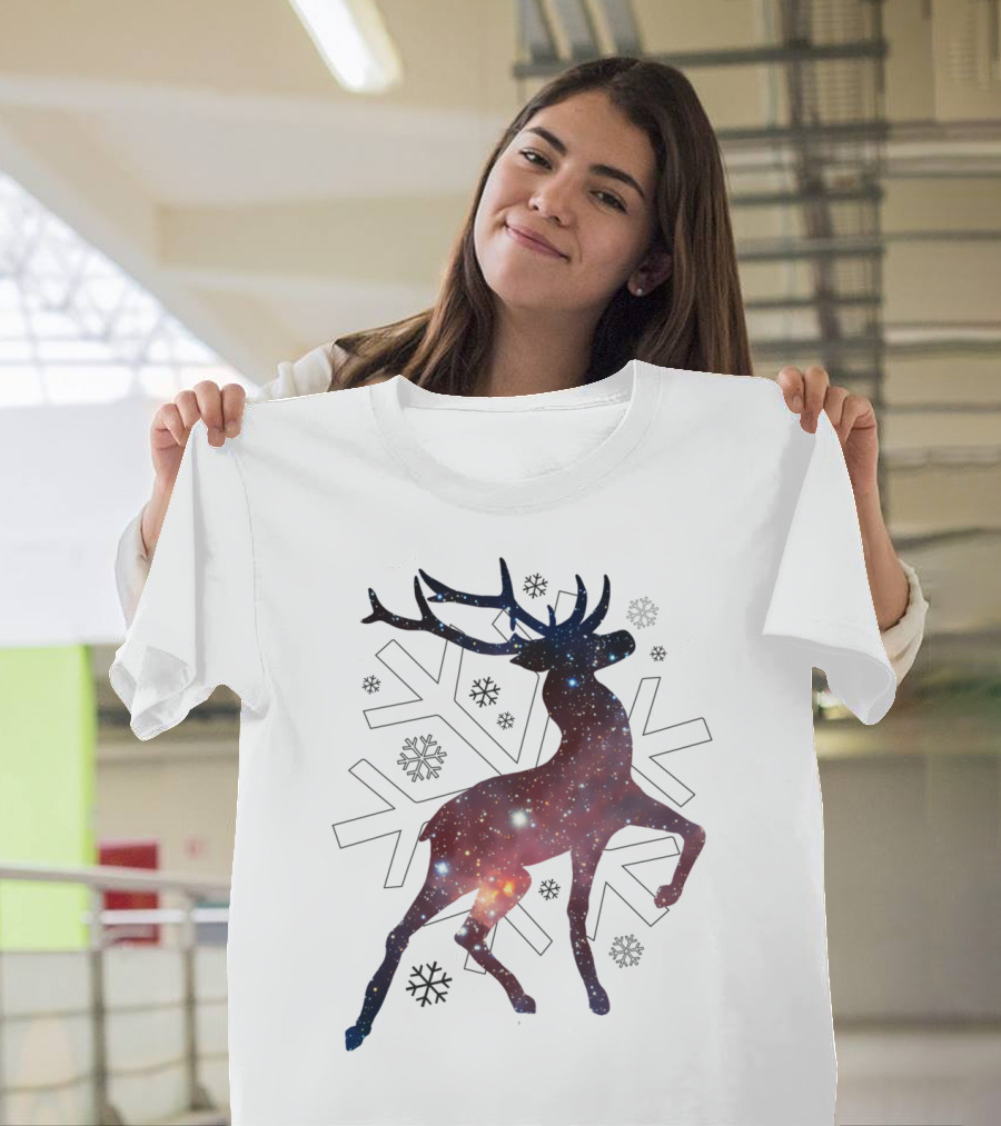 Cosmic Reindeer Winter Wonderland Galaxy Stars T-Shirt