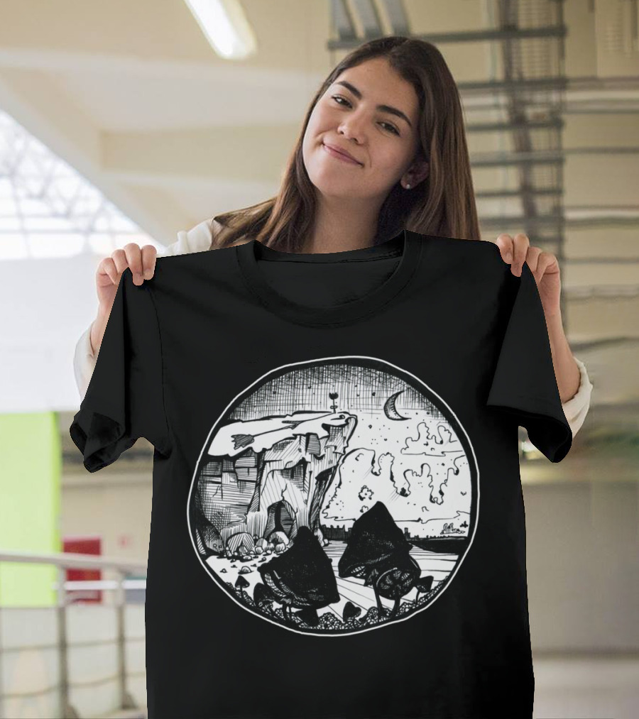 Night Sky and Mushrooms Under Moonlit Cliff T-Shirt