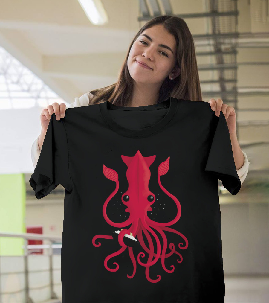 Kraken Attaken Red Squid with Ship in Its Clutches T-Shirt