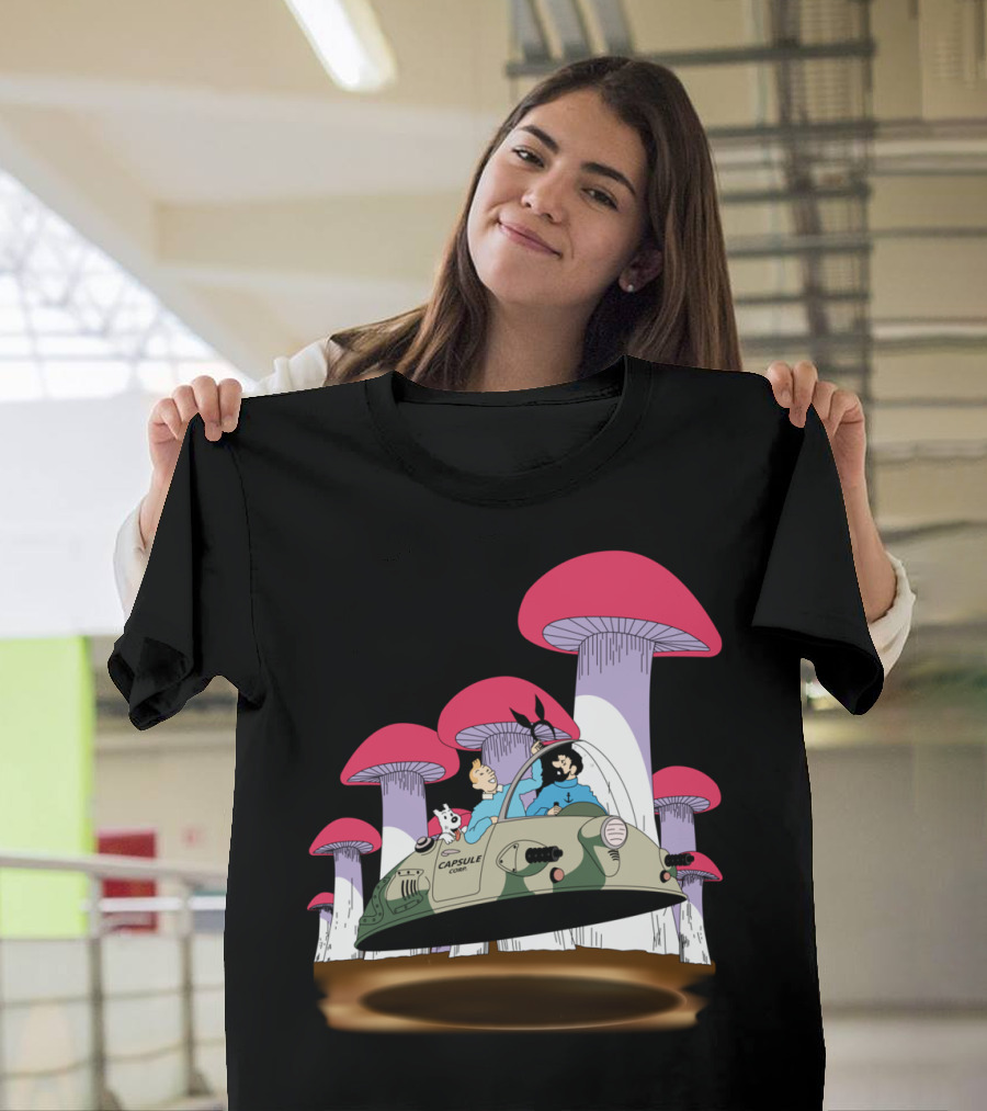 Tintin and Milou Travel in Capsule Corp to Visit Giant Mushrooms T-Shirt