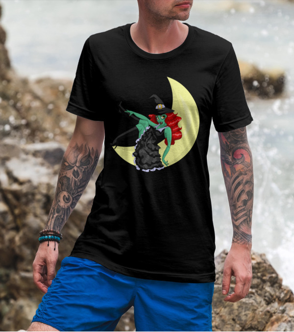 Witchful Thinking Green Witch On Crescent Moon T-Shirt