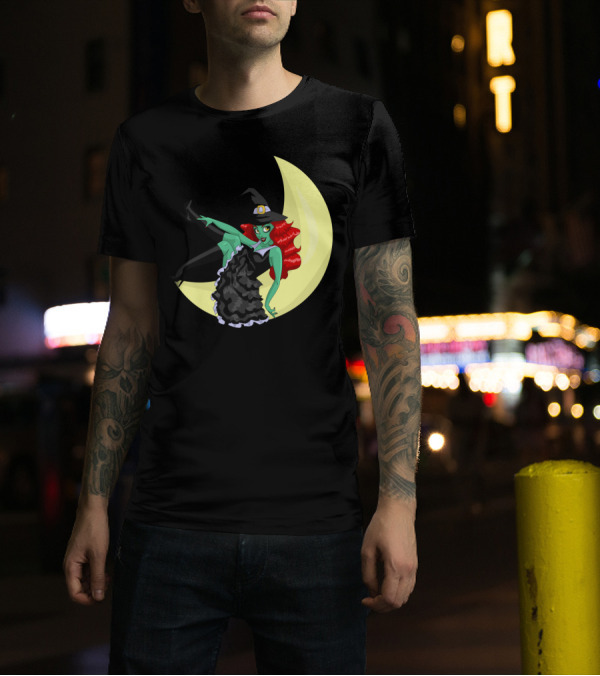Witchful Thinking Green Witch On Crescent Moon T-Shirt
