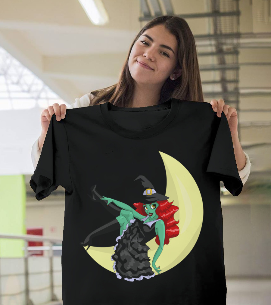 Witchful Thinking Green Witch on Crescent Moon T-Shirt
