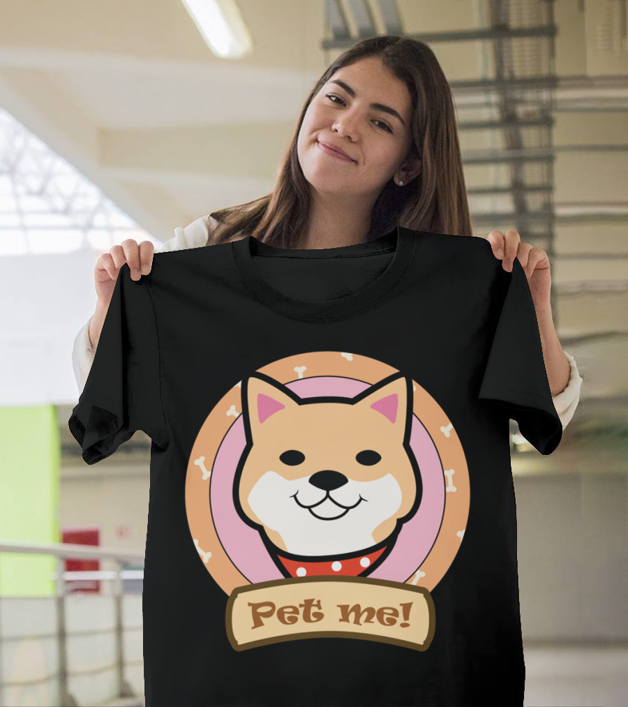 Shiba Inu Pet Me with Cute Red Collar and Bone Pattern Background T-Shirt